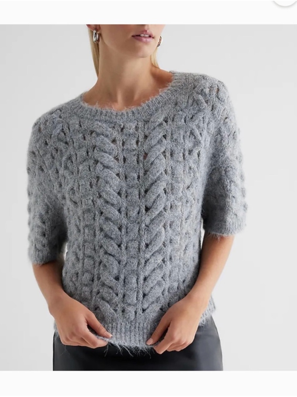 Express Women’s Gray Cable-Knit Open-stitch Short Sleeve Sweater M New